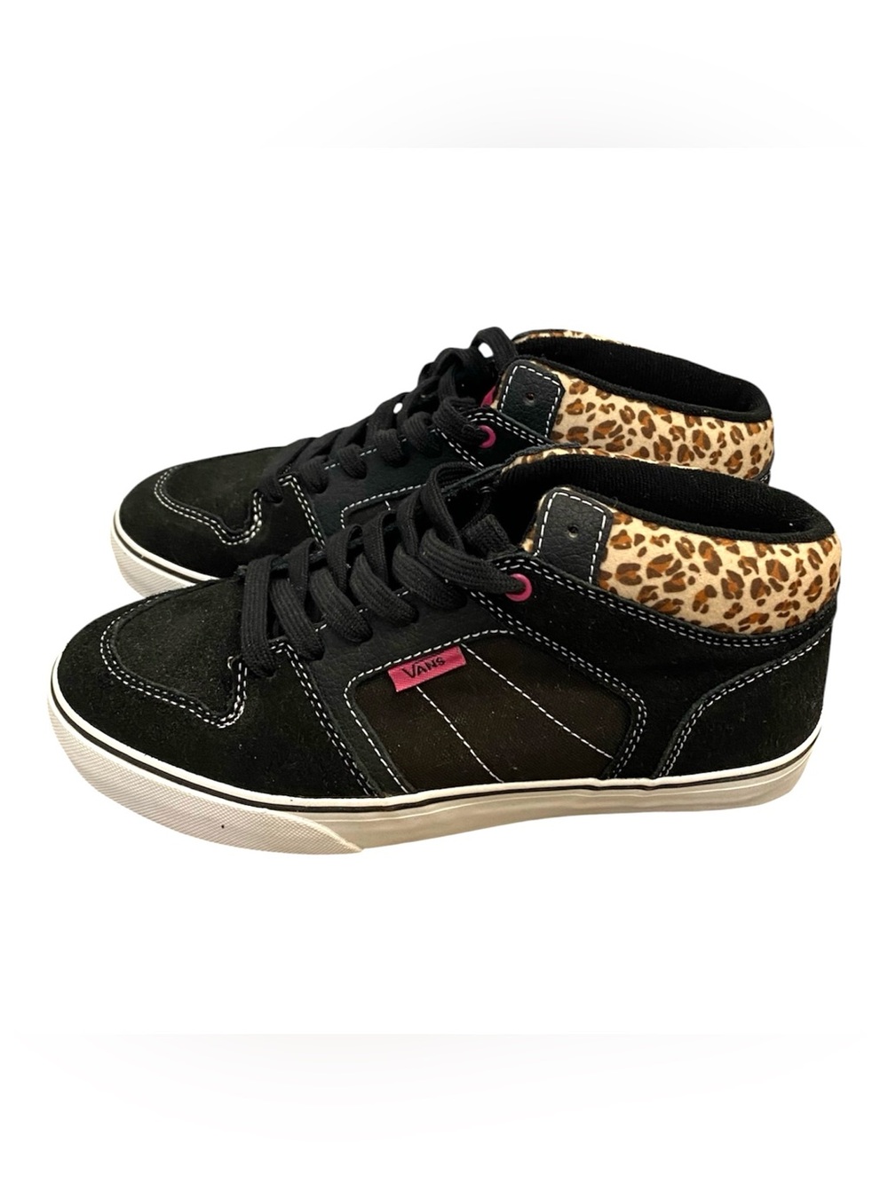 Vans Ellis Size 7 Black Suede Mid Top Sneakers with Leopard Collar Hot Pink NWO